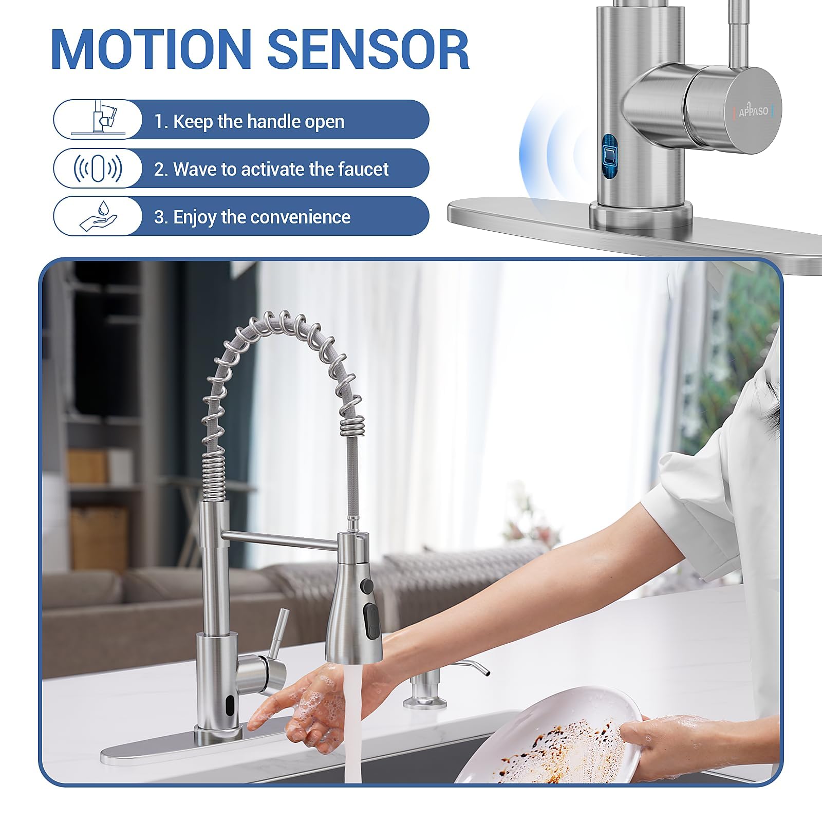 Appaso Touchless Kitchen Faucet, 3 Modes Smart Motion Sensor Kitchen Faucet With Pull Down Sprayer, Brushed Nickel Activated Fau